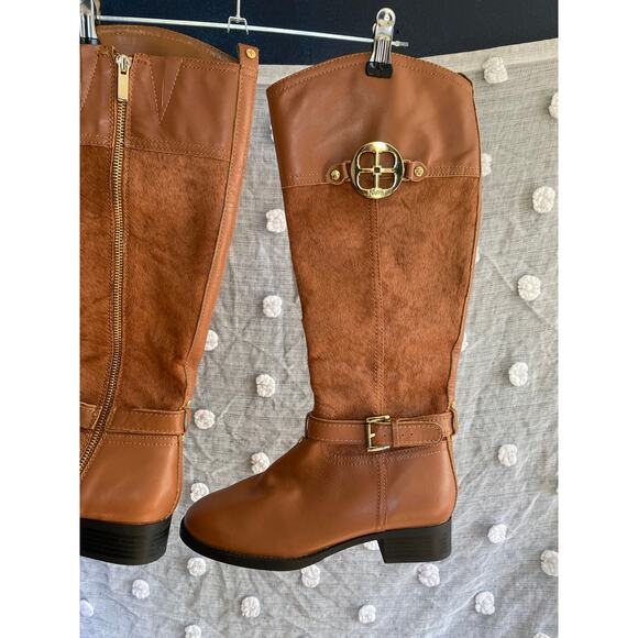 Iman Tall Riding Boots 6.5W (Fit 7–7.5) Brown Faux Leather Gold Buckle - Picture 8 of 9